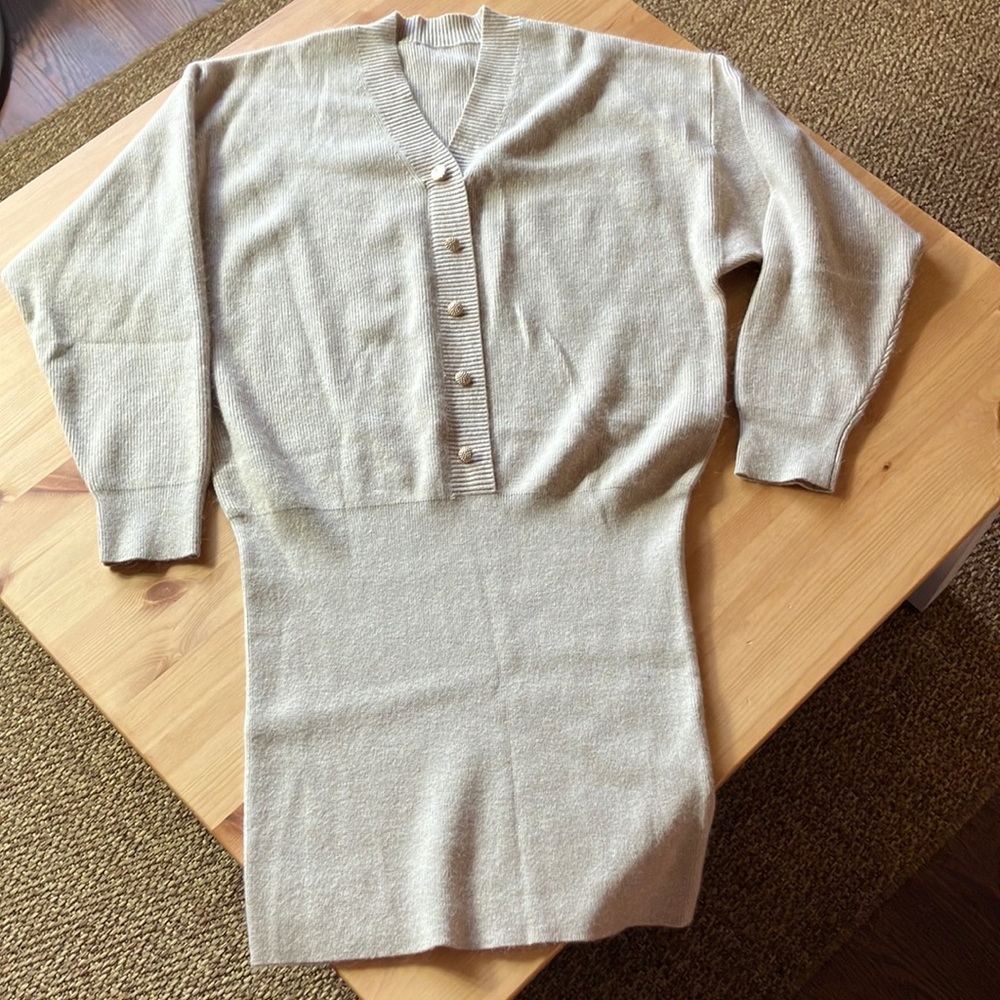 JS Baba Wool-Blend Sweater Dress Beige Knit Button Front Mini, Korean Brand